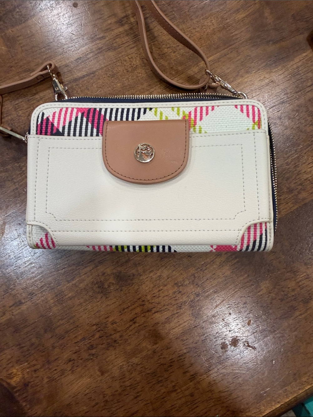 Spartina 449 Cream Crossbody Wallet with Pink & Black Pattern